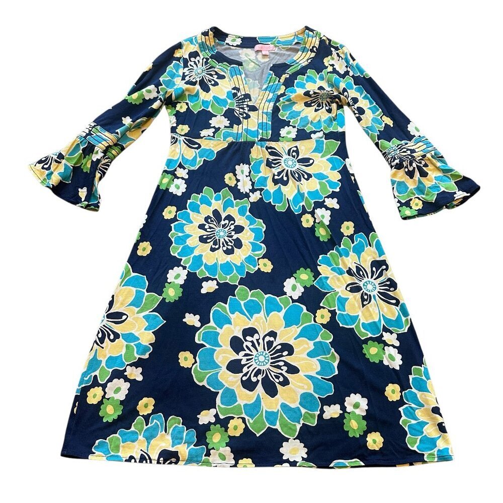 Lilly Pulitzer Navy Blue Floral Shift Dress with Teal & Yellow Blooms